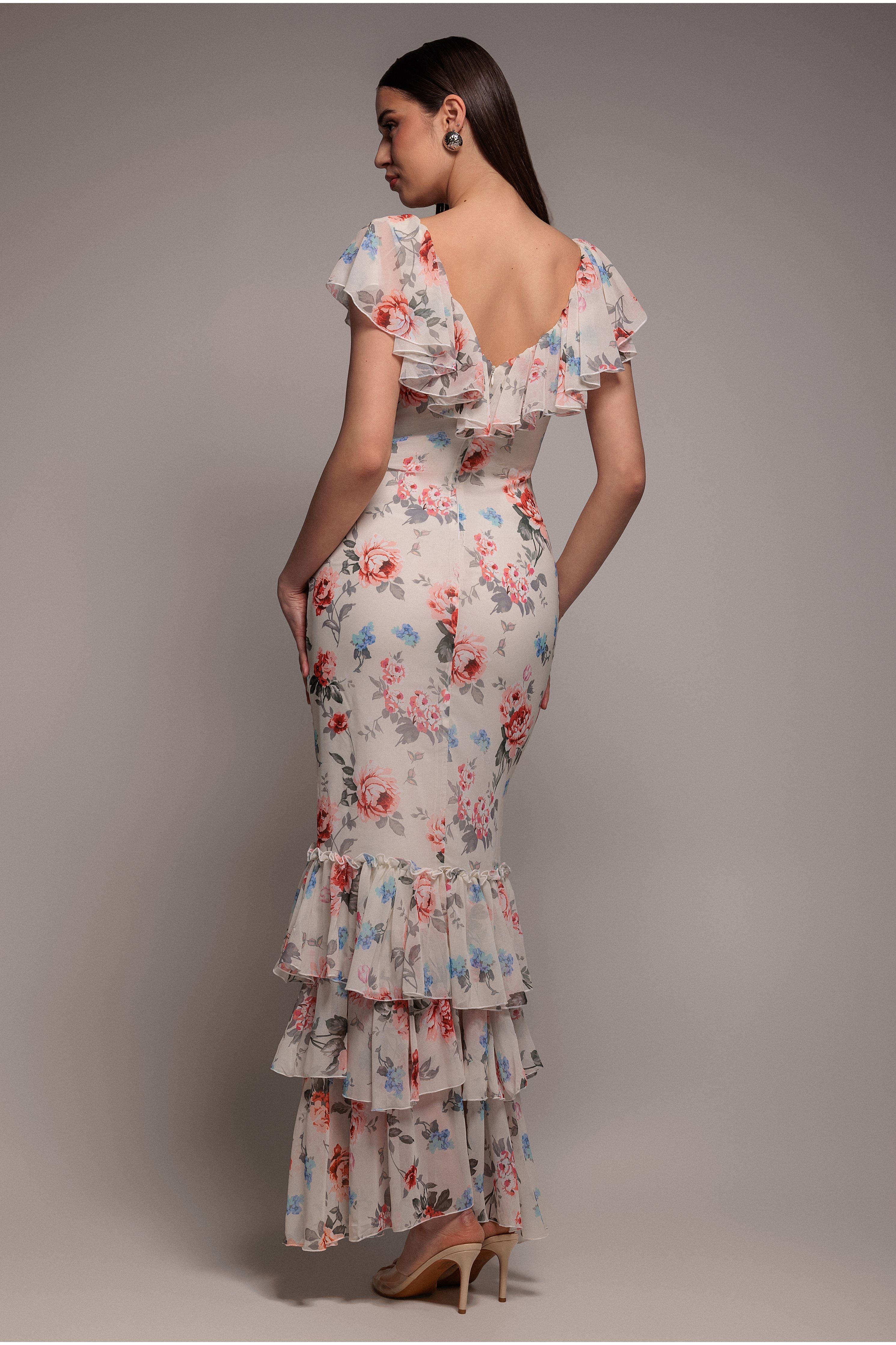 Goddiva Floral Printed Chiffon Ruffle Maxi - Cream