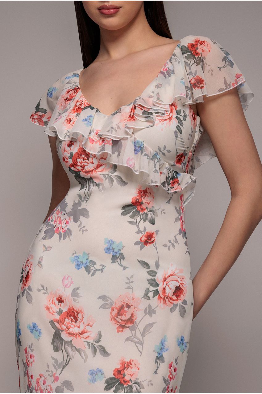 Goddiva Floral Printed Chiffon Ruffle Maxi - Cream