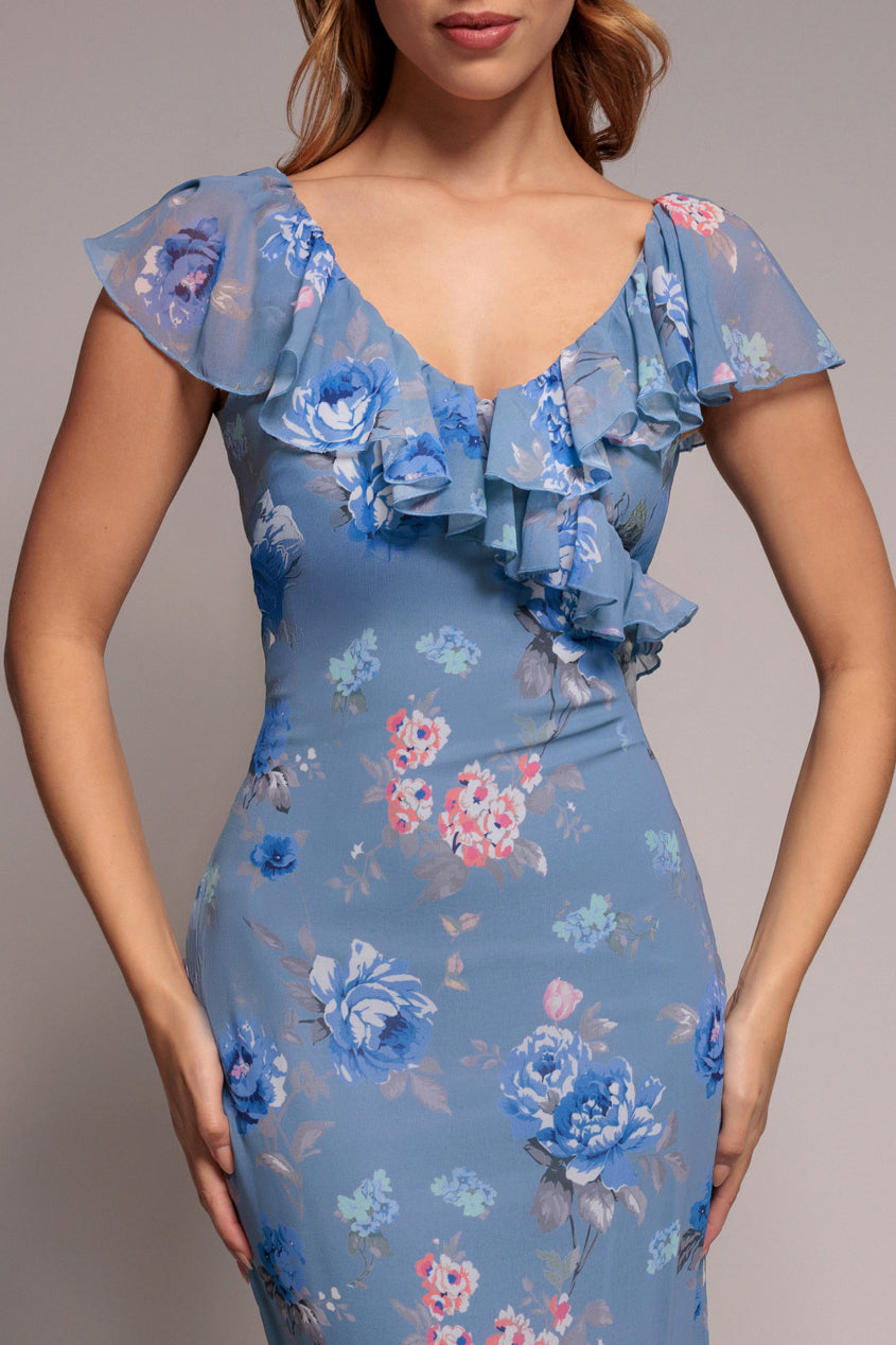 Goddiva Floral Printed Chiffon Ruffle Maxi - Blue