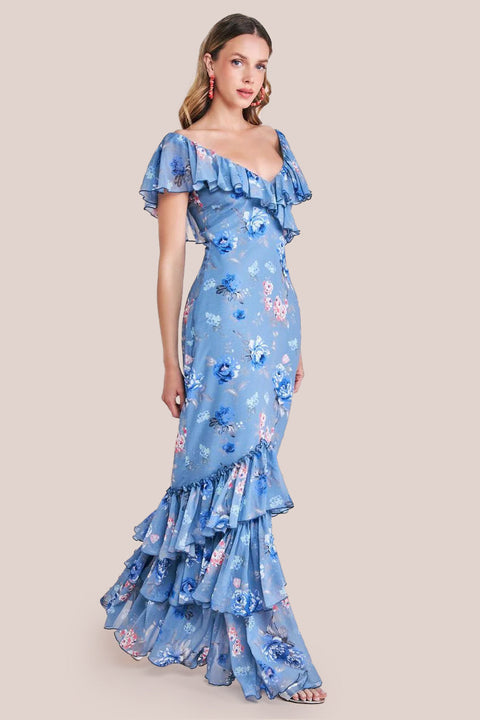 Goddiva Floral Printed Chiffon Ruffle Maxi - Blue