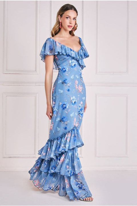 Goddiva Floral Printed Chiffon Ruffle Maxi - Blue