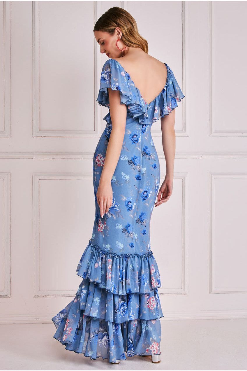 Goddiva Floral Printed Chiffon Ruffle Maxi - Blue