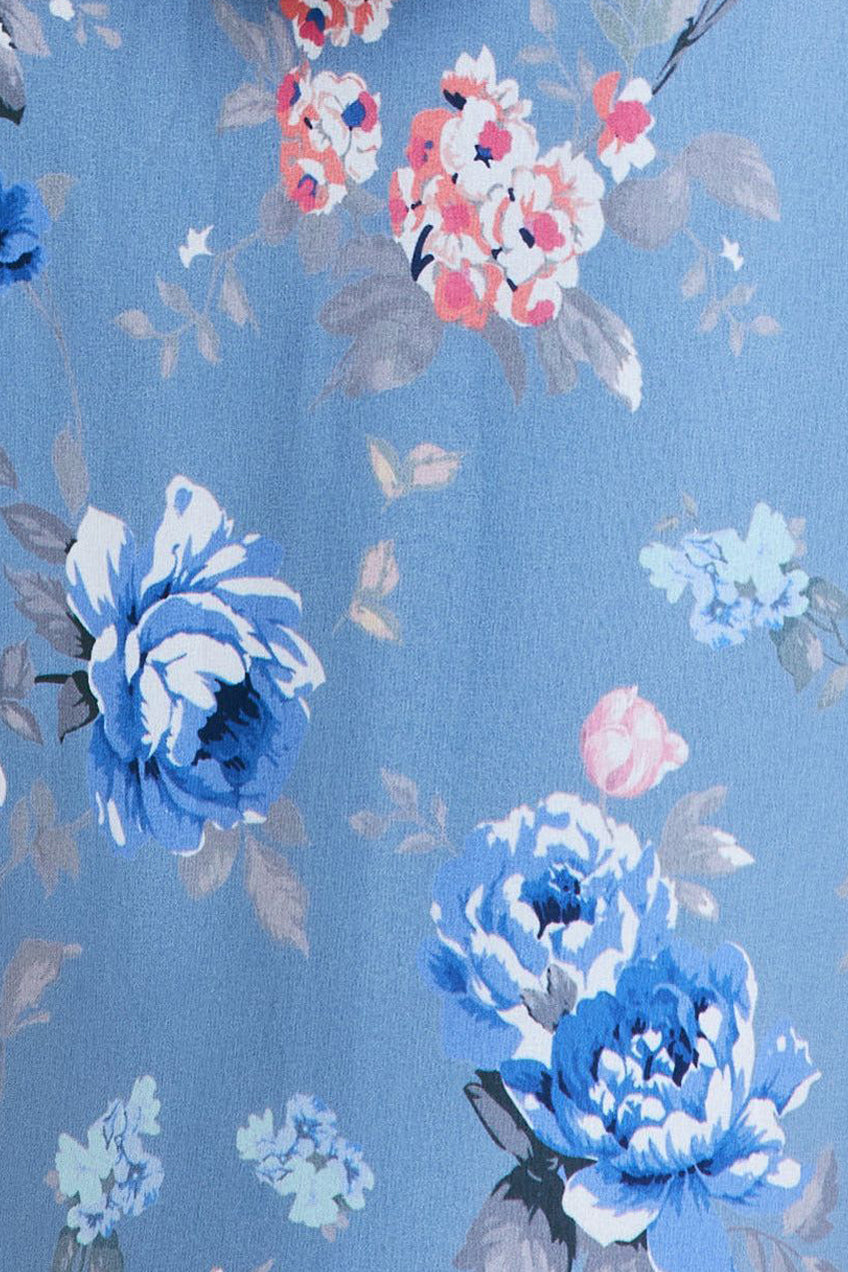 Goddiva Floral Printed Chiffon Ruffle Maxi - Blue