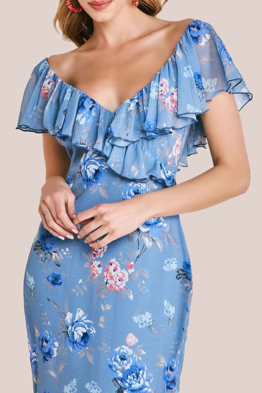 Goddiva Floral Printed Chiffon Ruffle Maxi - Blue