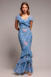 Goddiva Floral Printed Chiffon Ruffle Maxi - Blue