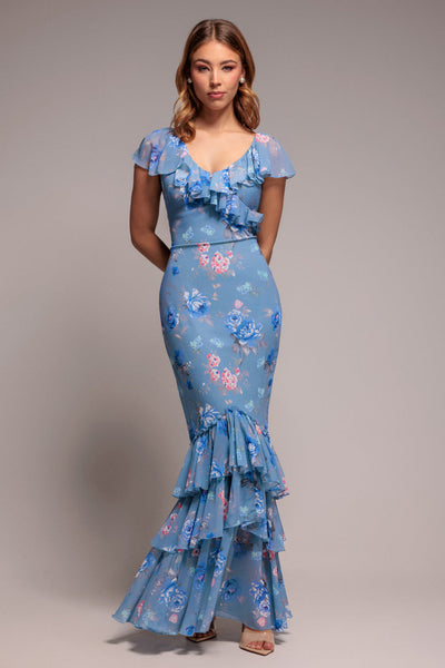 Blue - Goddiva Floral Printed Chiffon Ruffle Maxi - Blue