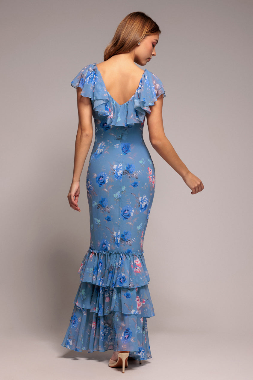Goddiva Floral Printed Chiffon Ruffle Maxi - Blue