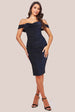 Goddiva Lurex Cowl Neck Off The Shoulder Midi - Navy