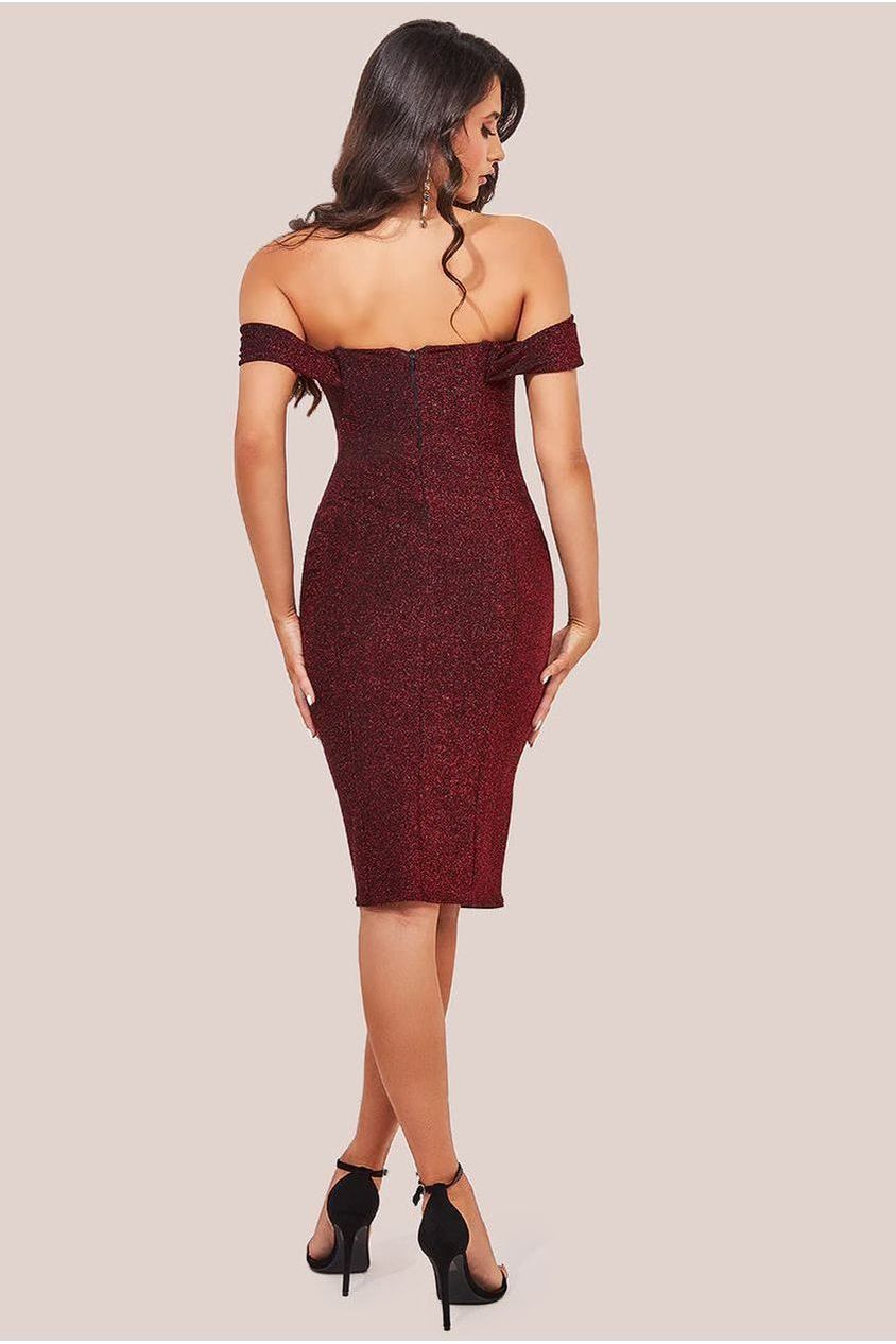 Goddiva Lurex Cowl Neck Off The Shoulder Midi - Red