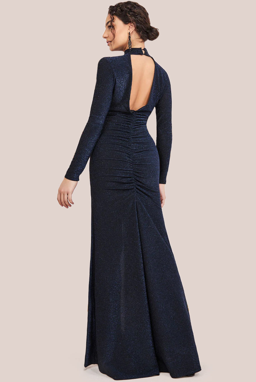 Goddiva High Neck Keyhole Thigh Split Maxi Dress - Navy