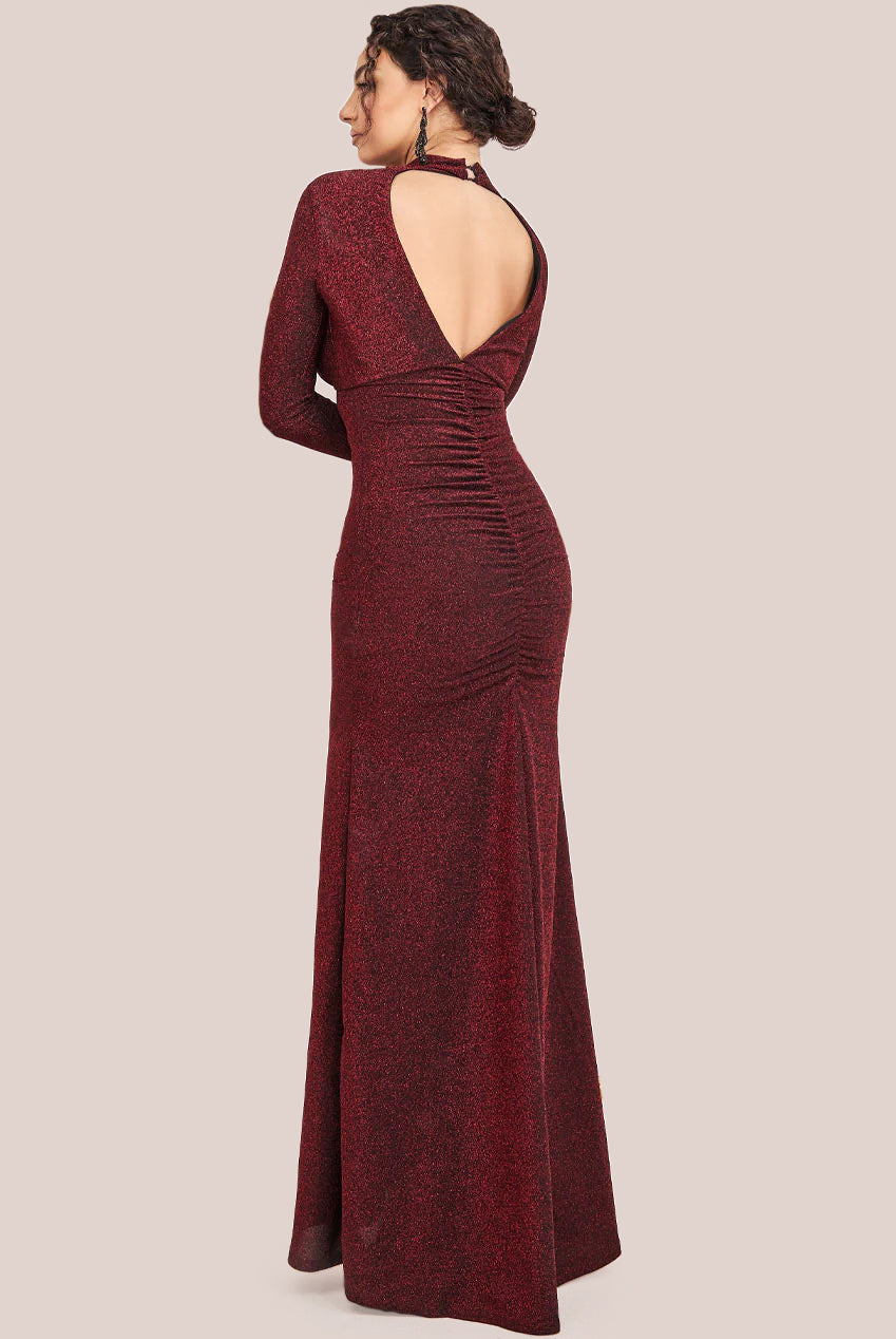 Goddiva High Neck Keyhole Thigh Split Maxi Dress - Red