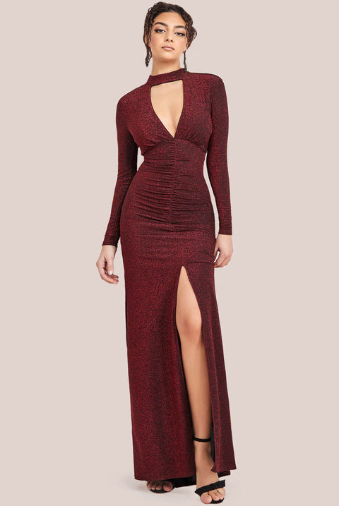 Goddiva High Neck Keyhole Thigh Split Maxi Dress - Red