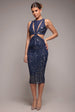 Goddiva Patterned Sequin Cut Out Midi Dress - Navy