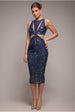 Goddiva Patterned Sequin Cut Out Midi Dress - Navy
