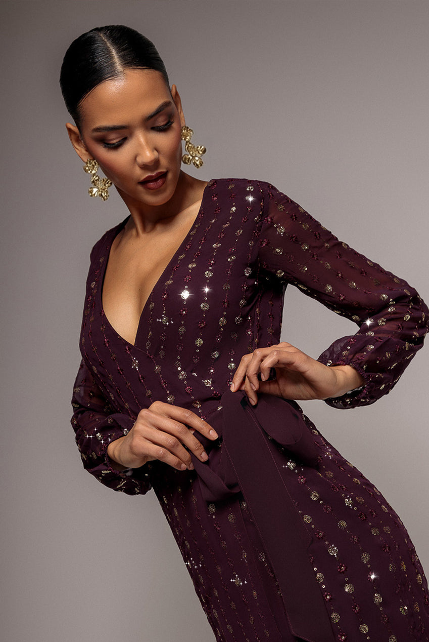 Goddiva Wrap Over Sequin Mini Dress - Wine