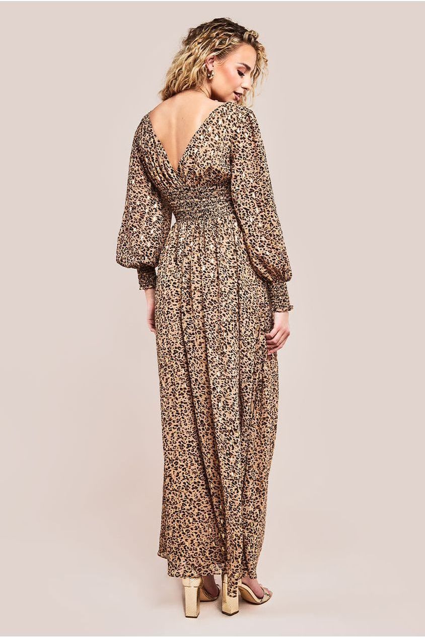 Goddiva Long Sleeve Maxi Shirred Waistband - Animal Print