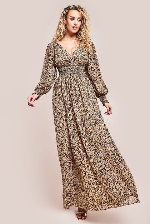 Goddiva Long Sleeve Maxi Shirred Waistband - Animal Print