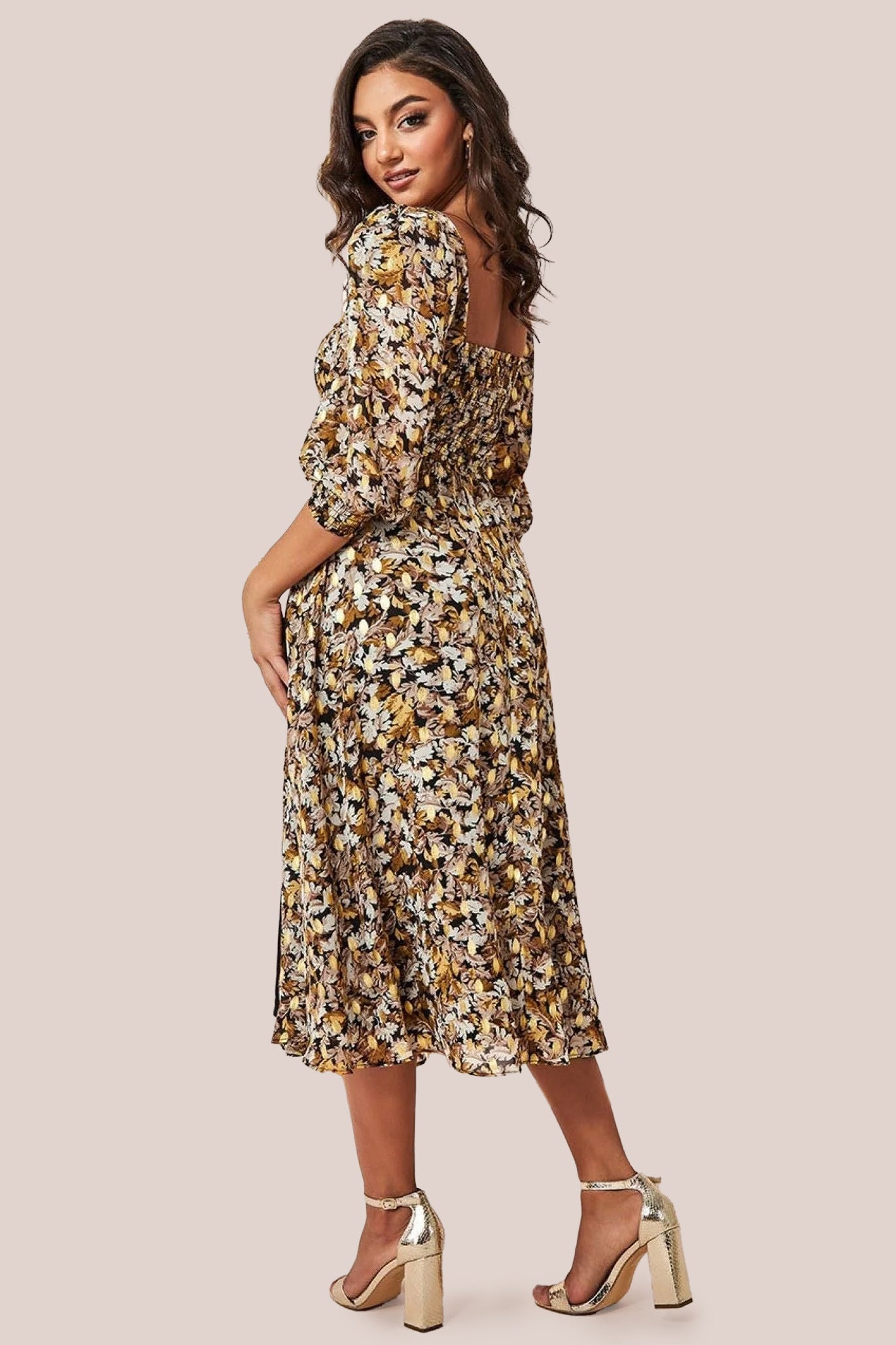Goddiva Leaf Print Shirred Back Midi Dress - Leaf Print