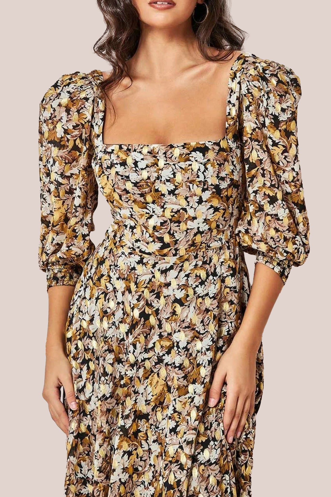 Goddiva Leaf Print Shirred Back Midi Dress - Leaf Print