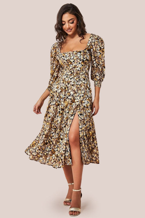 Goddiva Leaf Print Shirred Back Midi Dress - Leaf Print