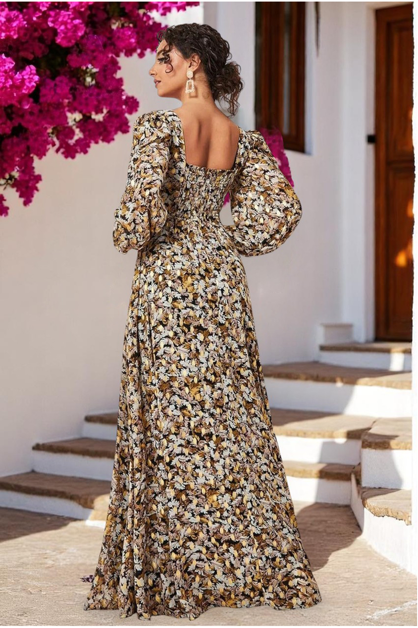 Goddiva Leaf Print Shirred Back Maxi Dress - Leaf Print