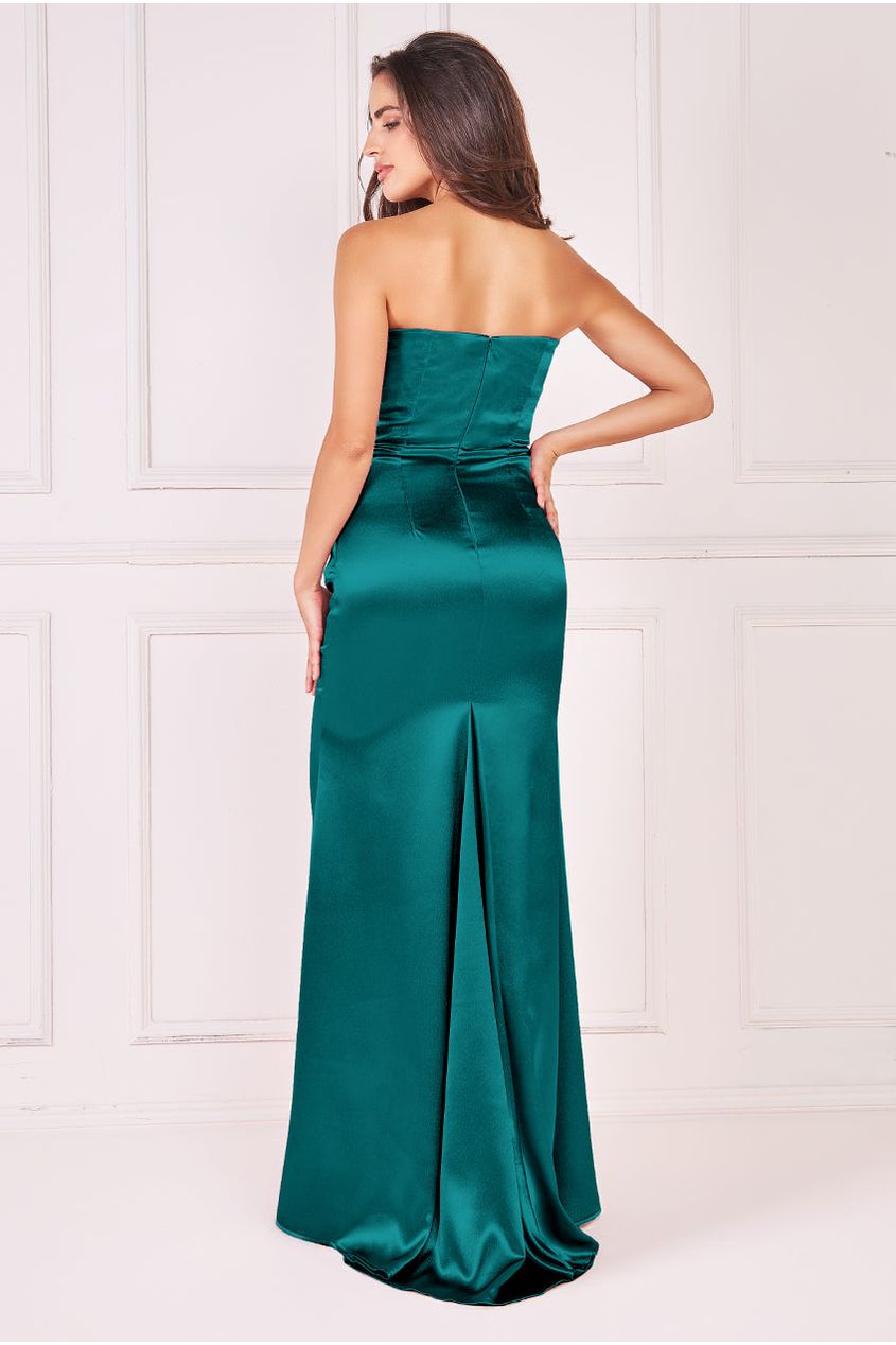 Goddiva Satin Bandeau Maxi Dress - Emerald Green