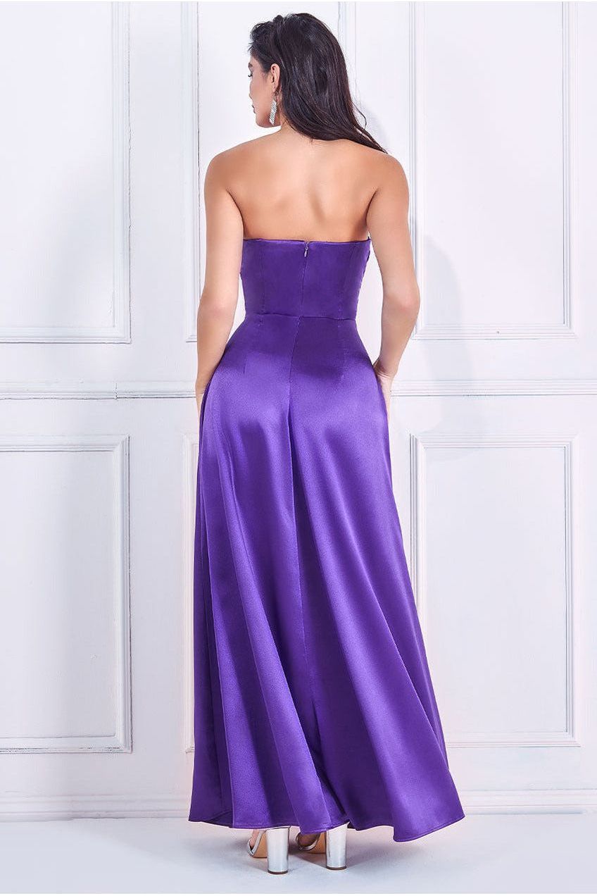 Goddiva Front Split Satin Bandeau Maxi - Purple