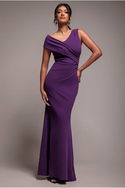 Purple - Goddiva Scuba Crepe  Off The Shoulder Maxi - Purple
