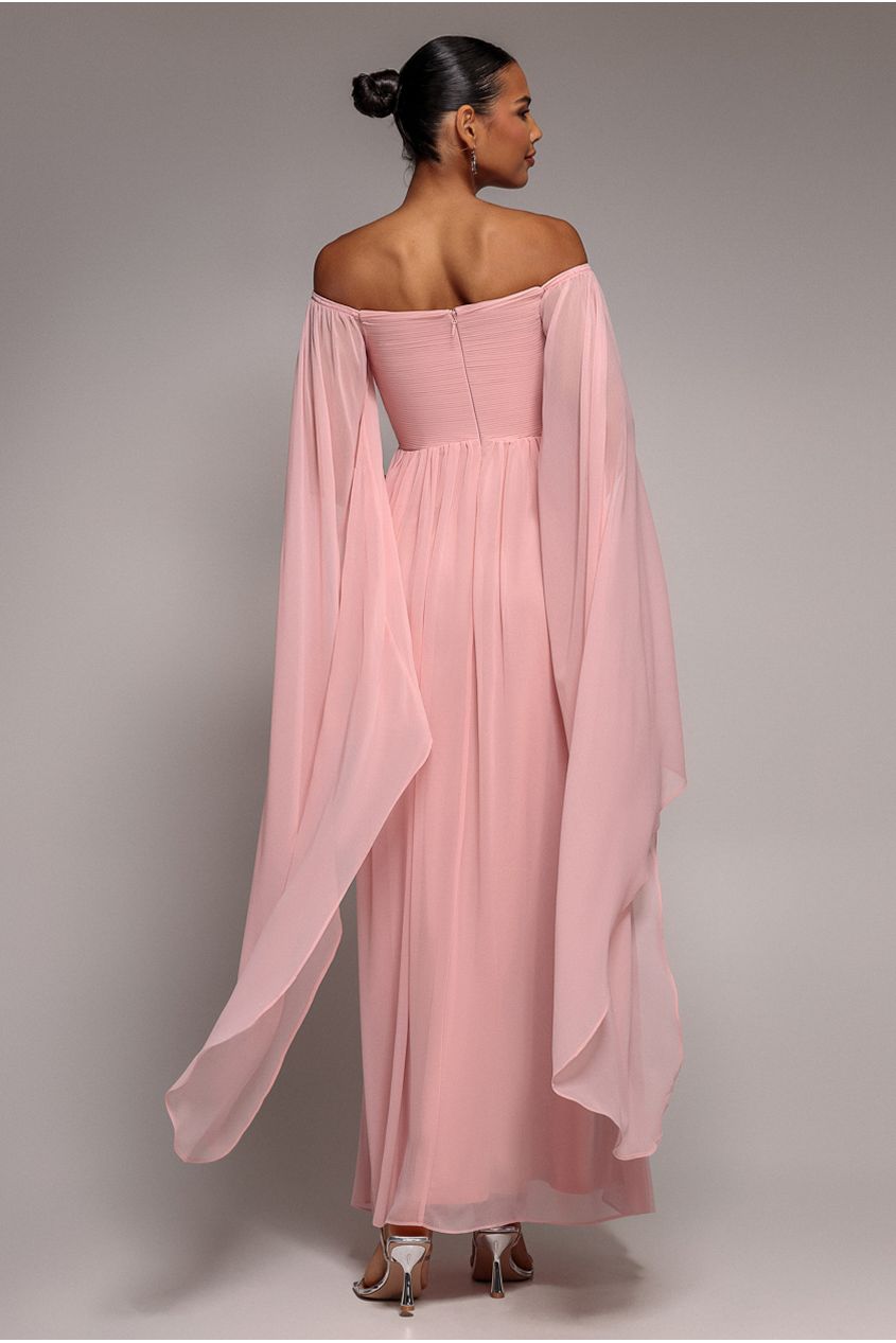 Goddiva Chiffon Off The Shoulder Maxi With Cape Sleeves  - Blush