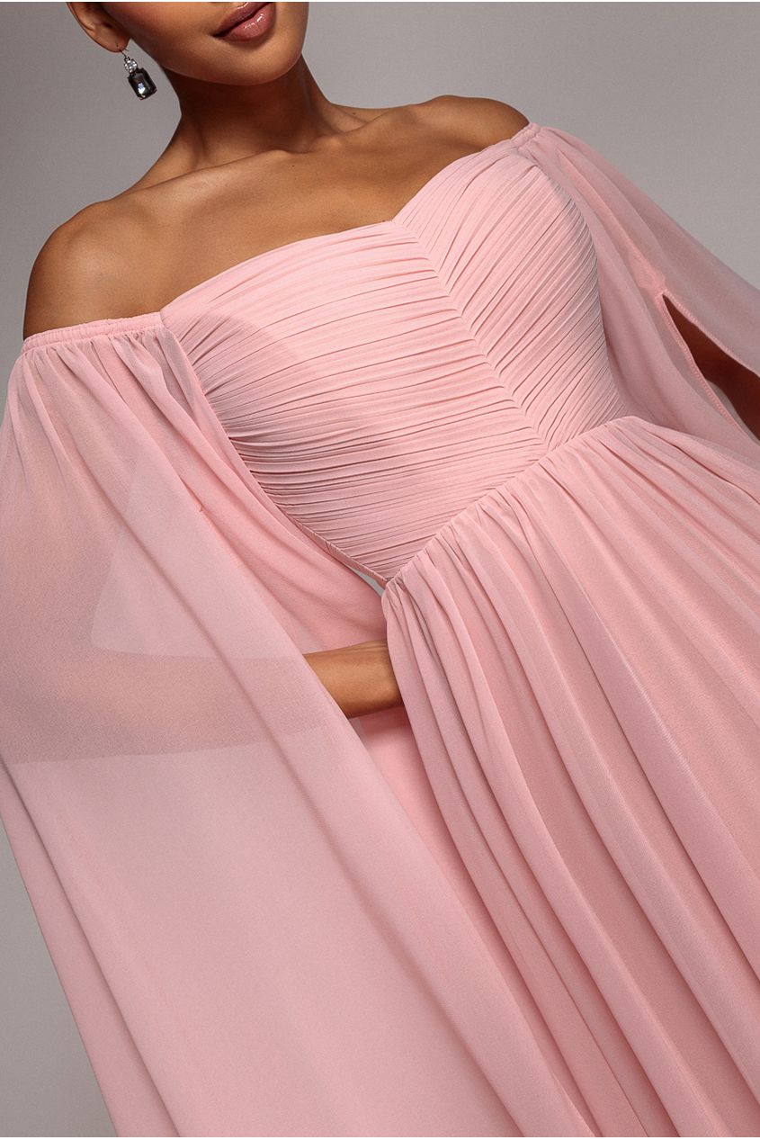 Goddiva Chiffon Off The Shoulder Maxi With Cape Sleeves  - Blush