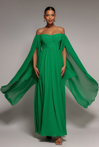 Green - Goddiva Chiffon Off The Shoulder Maxi With Cape Sleeves - Green