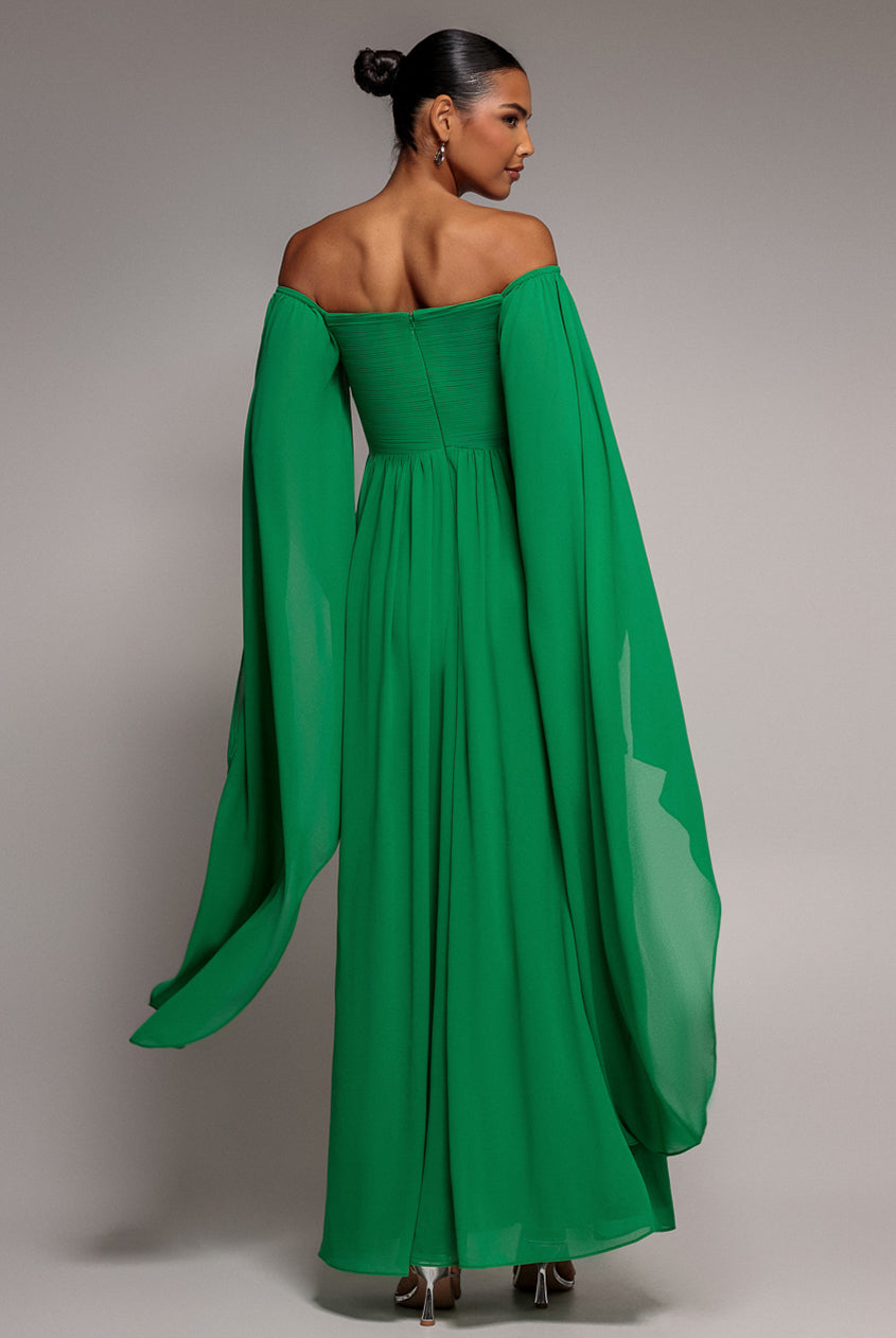Goddiva Chiffon Off The Shoulder Maxi With Cape Sleeves - Green