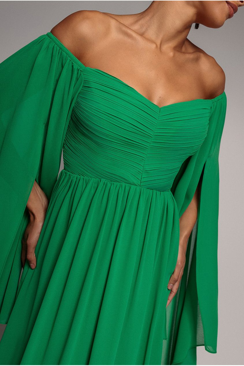 Goddiva Chiffon Off The Shoulder Maxi With Cape Sleeves - Green