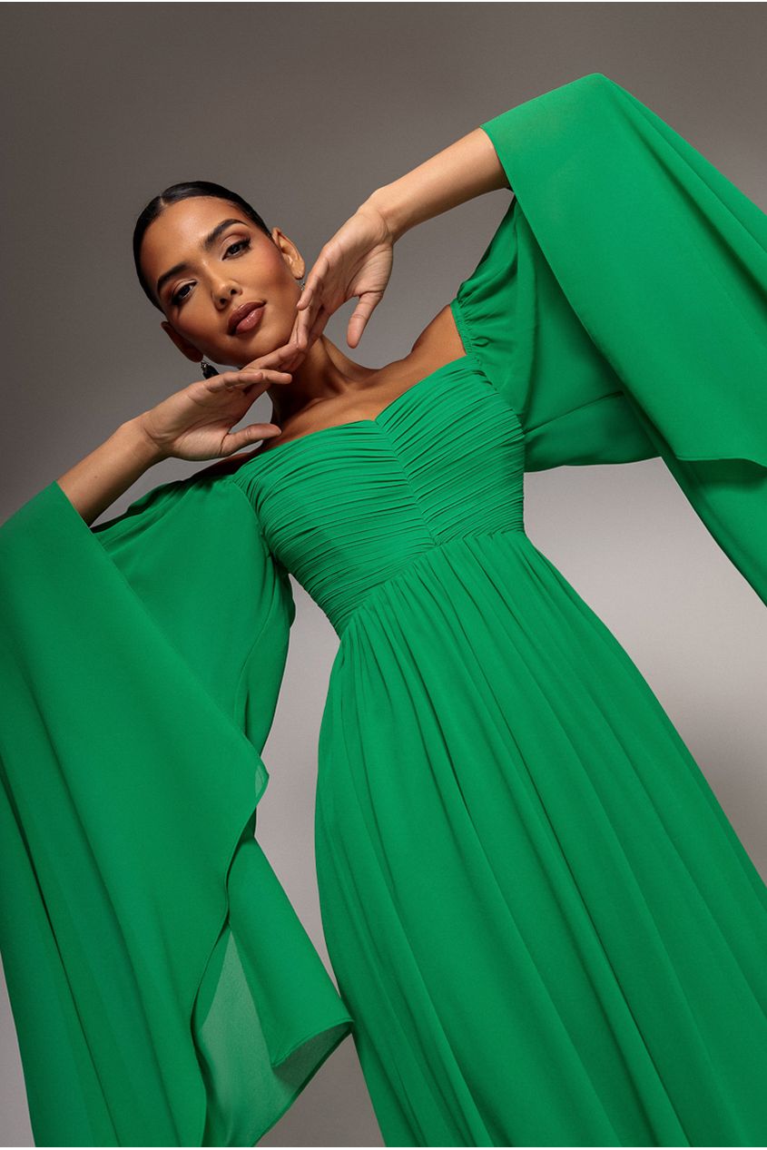 Goddiva Chiffon Off The Shoulder Maxi With Cape Sleeves - Green
