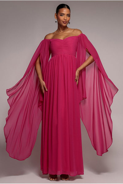 Hotpink - Goddiva Chiffon Off The Shoulder Maxi With Cape Sleeves  - Hot Pink