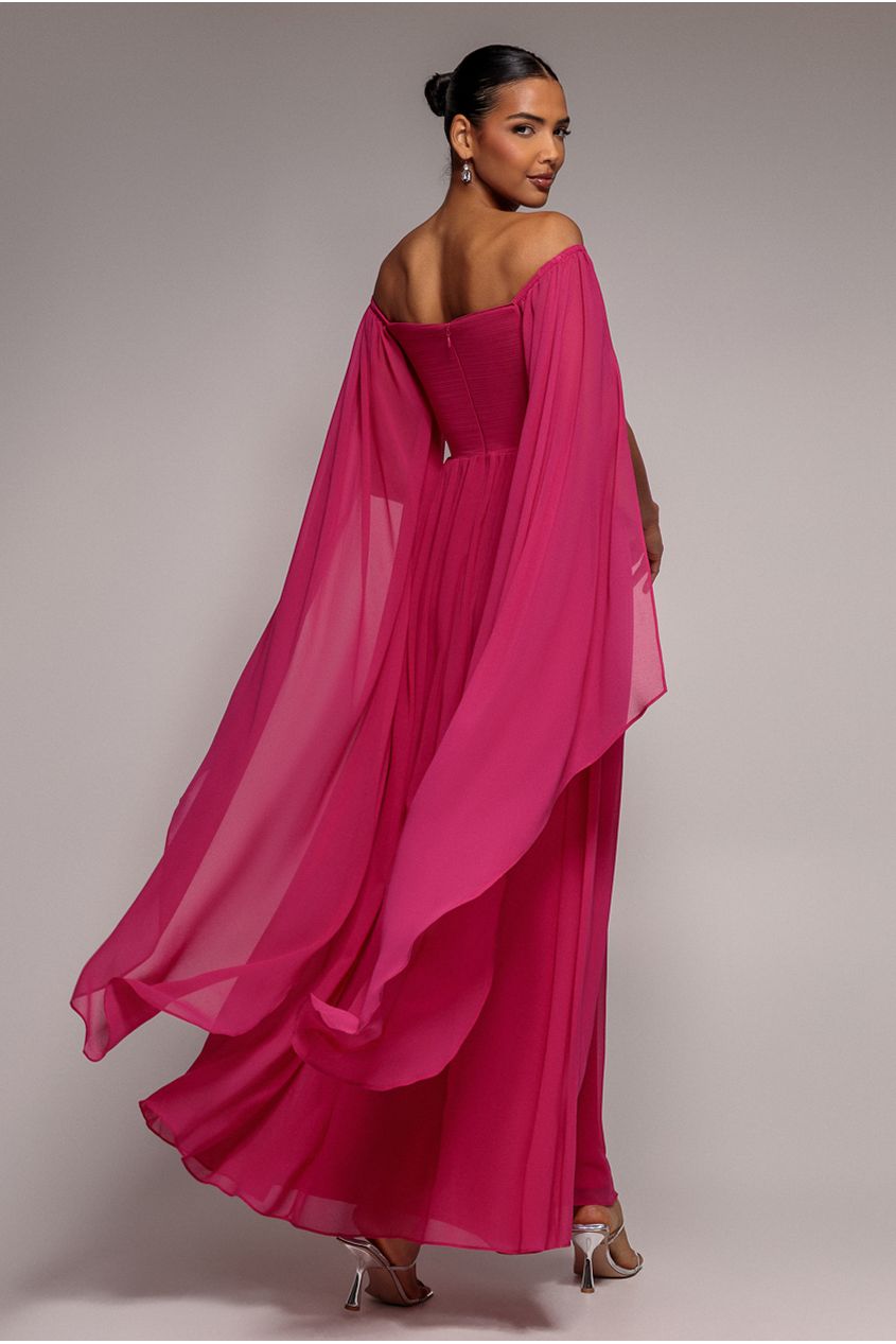 Goddiva Chiffon Off The Shoulder Maxi With Cape Sleeves  - Hot Pink