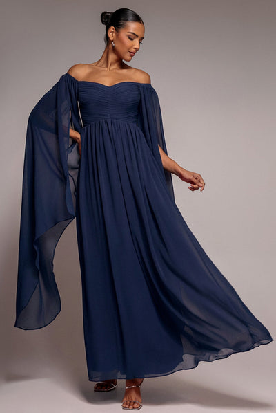 Navy - Goddiva Chiffon Off The Shoulder Maxi With Cape Sleeves  - Navy