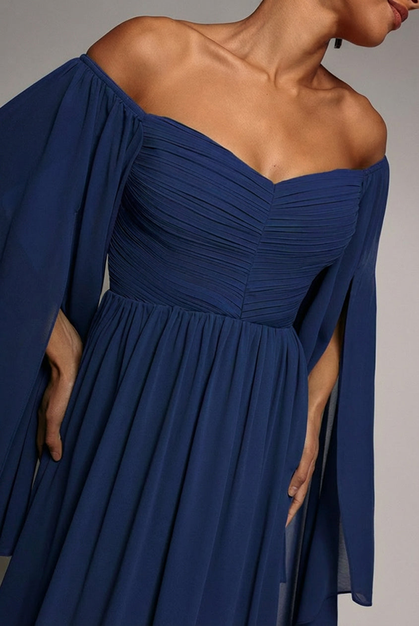 Goddiva Chiffon Off The Shoulder Maxi With Cape Sleeves  - Navy