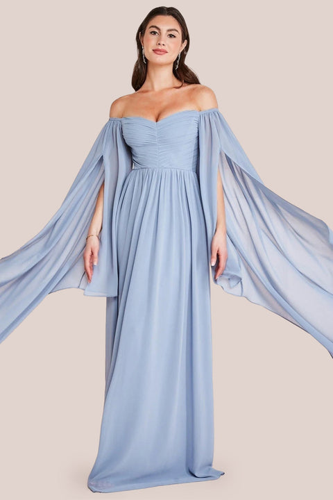 Goddiva Chiffon Off The Shoulder Maxi With Cape Sleeves - Blue