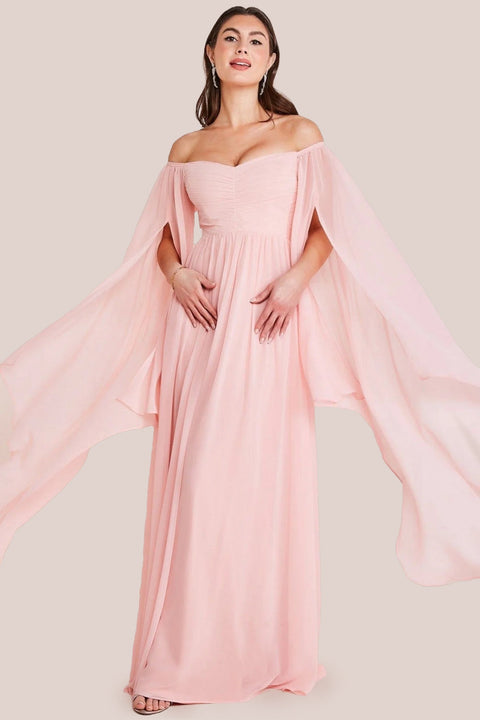 Goddiva Chiffon Off The Shoulder Maxi With Cape Sleeves  - Blush