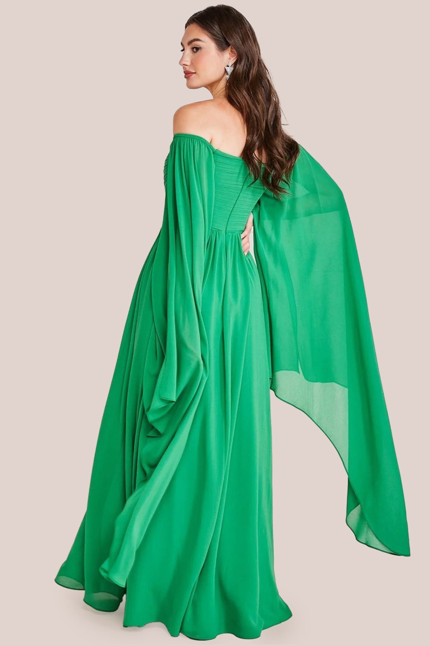 Goddiva Chiffon Off The Shoulder Maxi With Cape Sleeves - Green