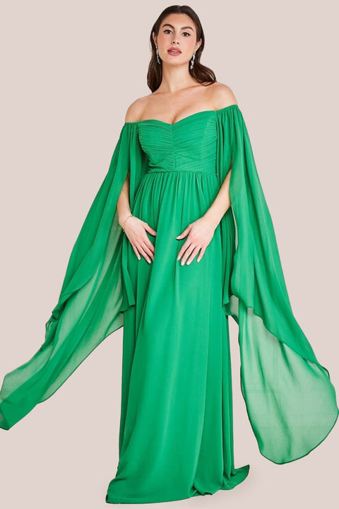 Goddiva Chiffon Off The Shoulder Maxi With Cape Sleeves - Green