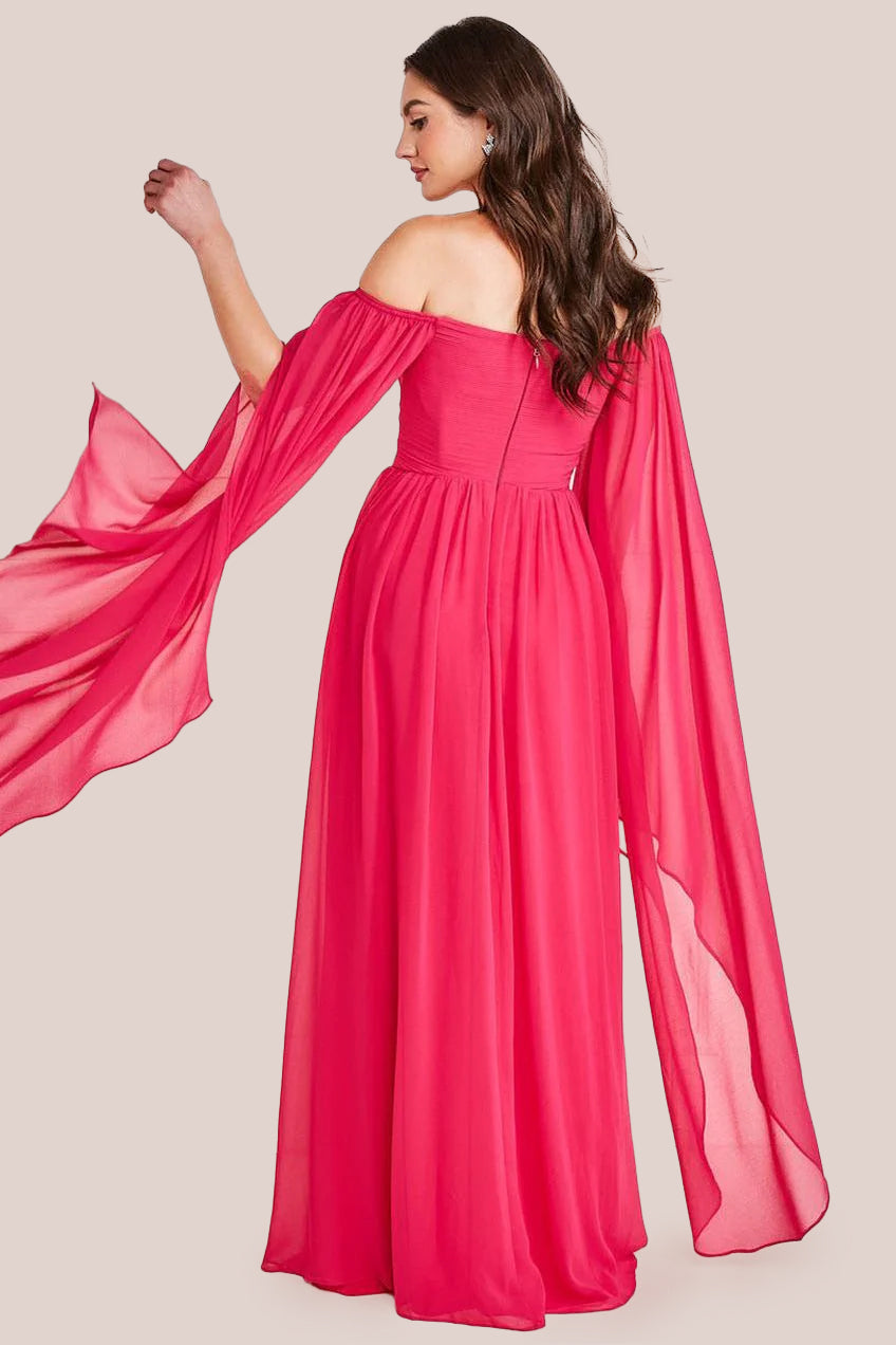 Goddiva Chiffon Off The Shoulder Maxi With Cape Sleeves  - Hot Pink