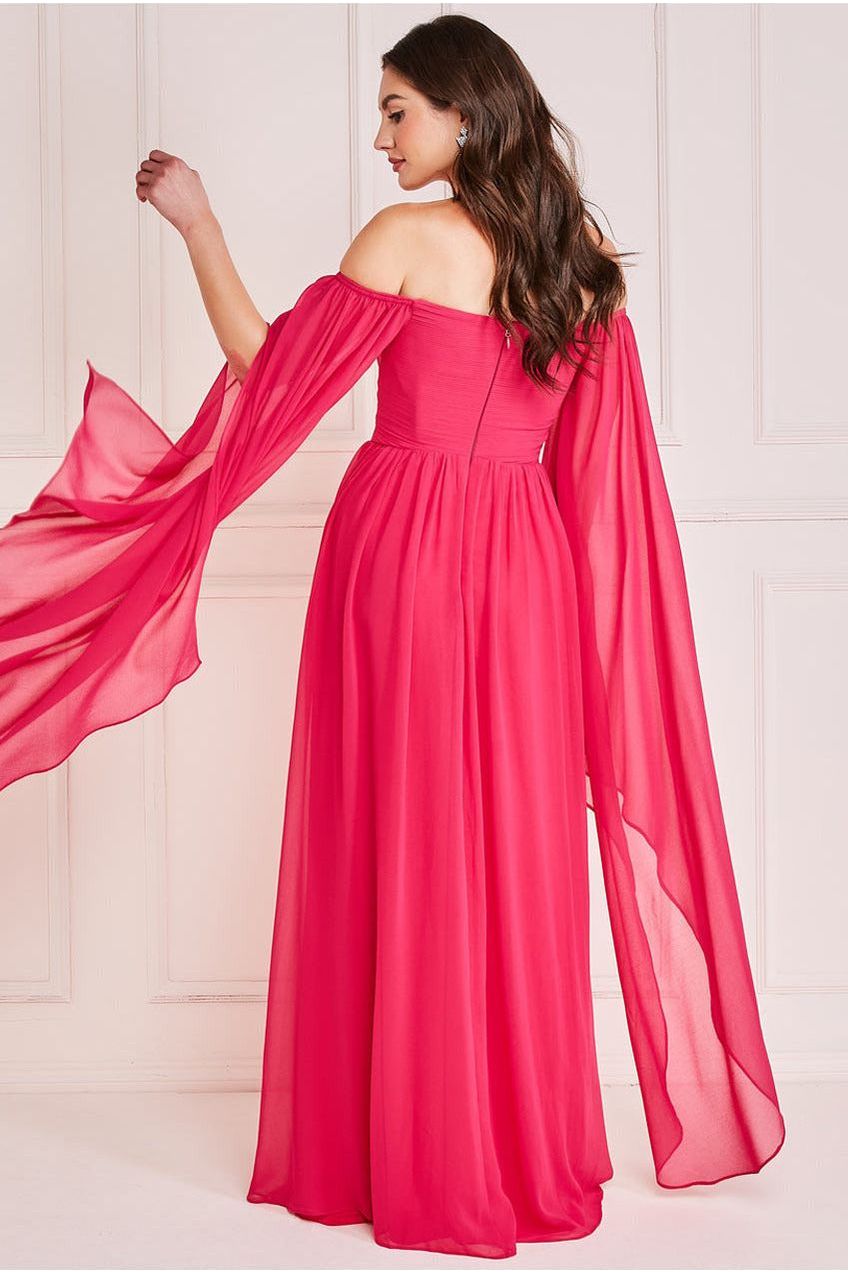 Goddiva Chiffon Off The Shoulder Maxi With Cape Sleeves  - Hot Pink