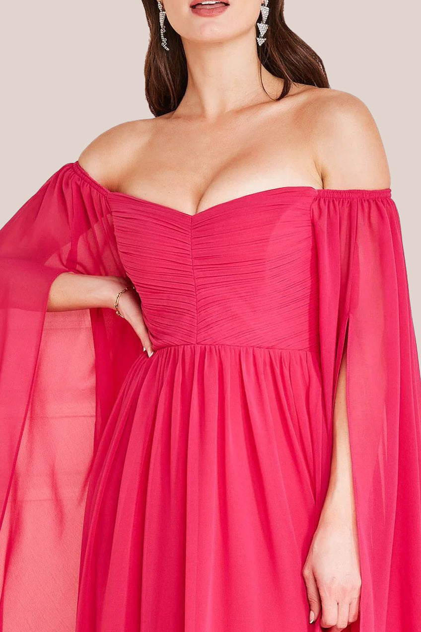 Goddiva Chiffon Off The Shoulder Maxi With Cape Sleeves  - Hot Pink