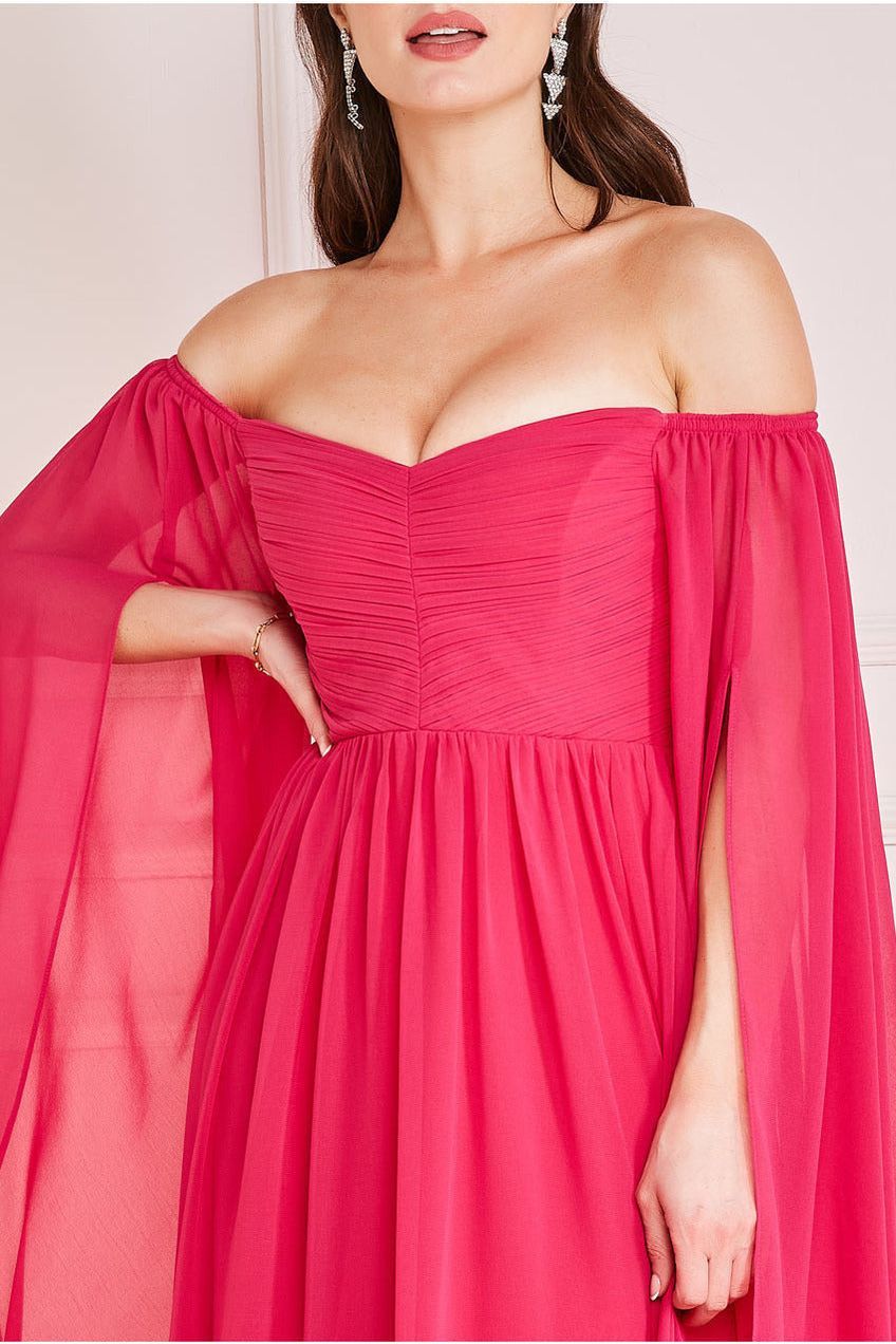 Goddiva Chiffon Off The Shoulder Maxi With Cape Sleeves  - Hot Pink