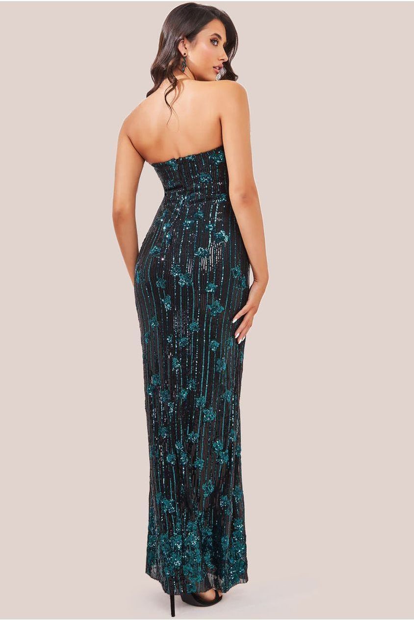 Goddiva Sequin And Feather Boobtube Maxi - Emerald