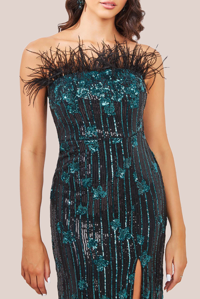 Goddiva Sequin And Feather Boobtube Maxi - Emerald