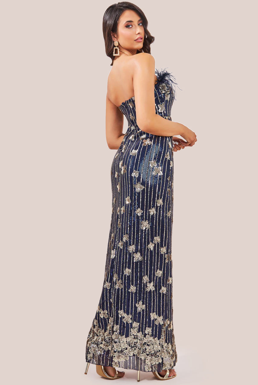 Goddiva Sequin And Feather Boobtube Maxi - Navy