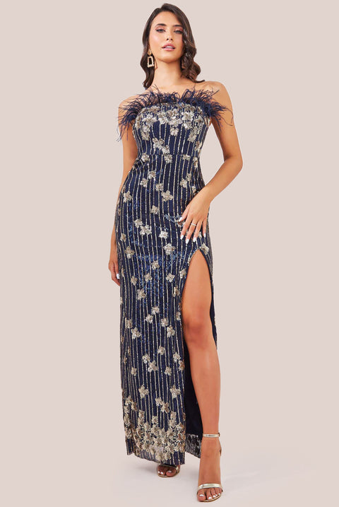 Goddiva Sequin And Feather Boobtube Maxi - Navy